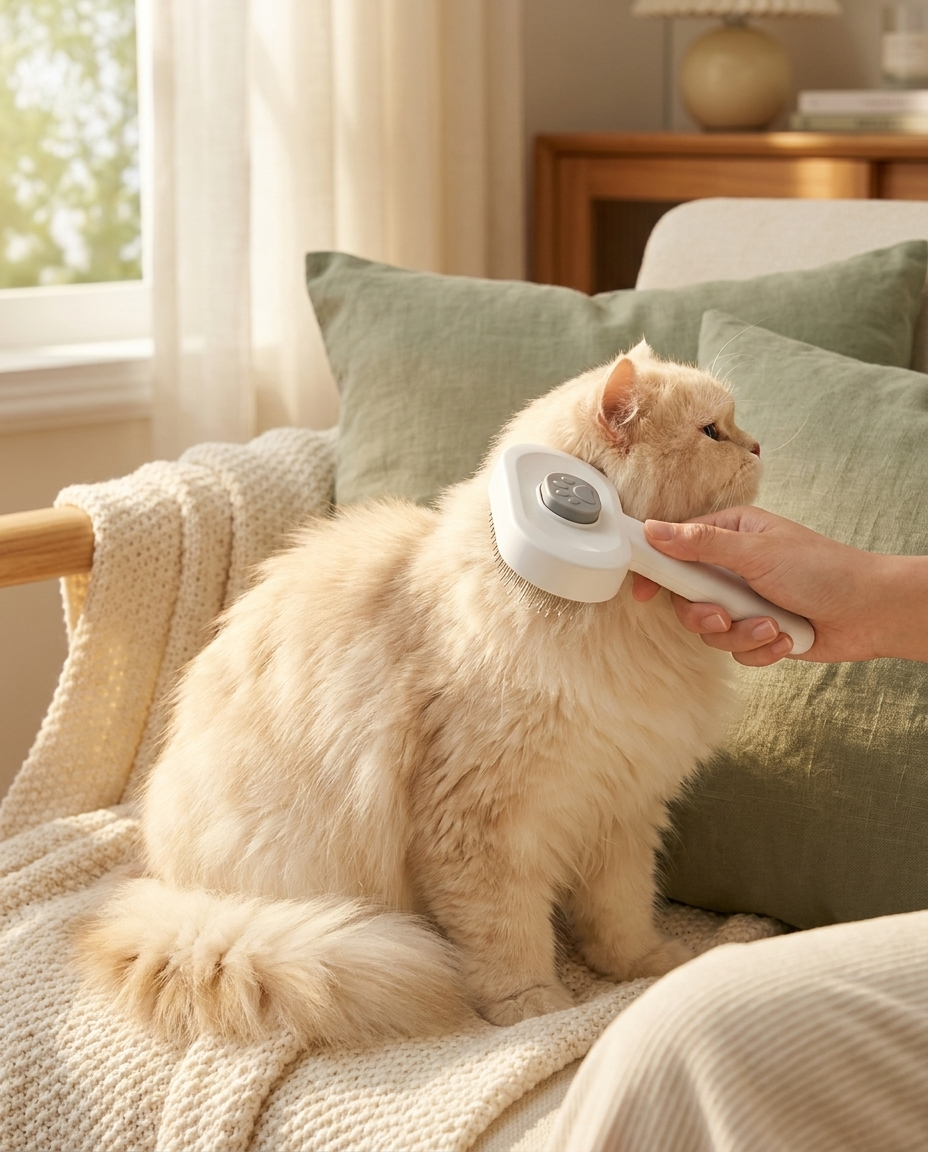 Cat being groomed with the Hush Paws Deshed Pro brush