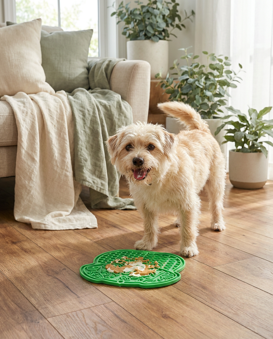 Dog licking treats off the Hush Paws Calm Bites mat