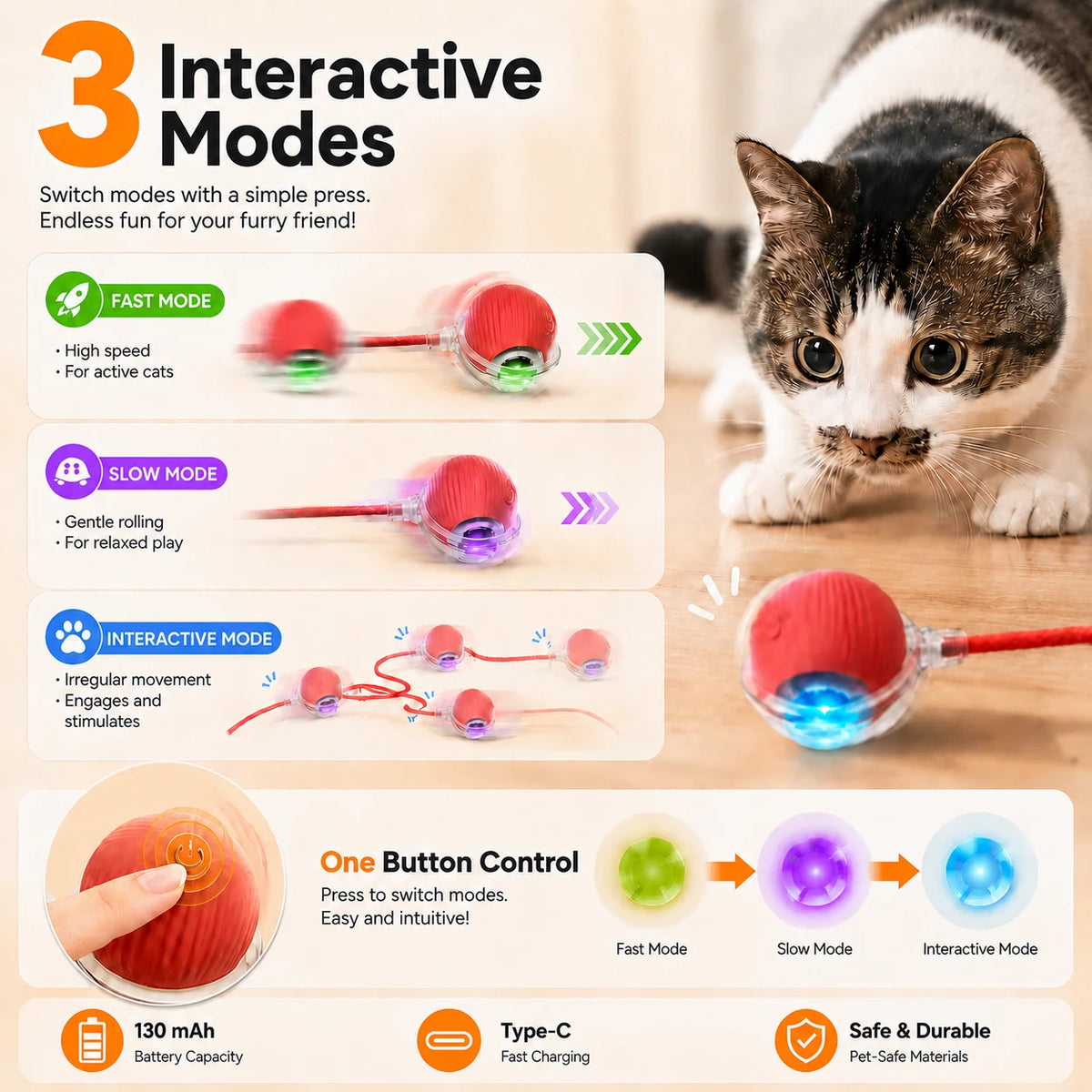 Smart Interactive Cat Ball Toy, Rechargeable Automatic Rolling Ball