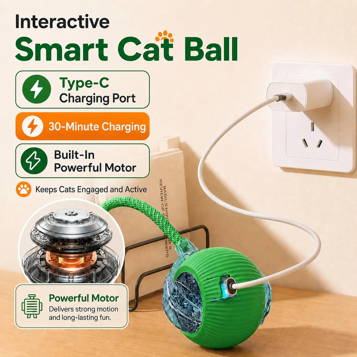 Smart Interactive Cat Ball Toy, Rechargeable Automatic Rolling Ball