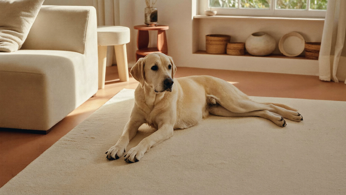Hush Paws hero - calm golden retriever on cream mat