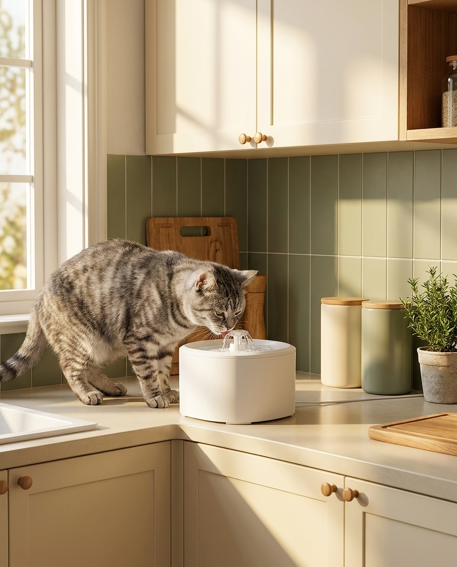 Cat drinking from the Hush Paws Calm Flow fountain