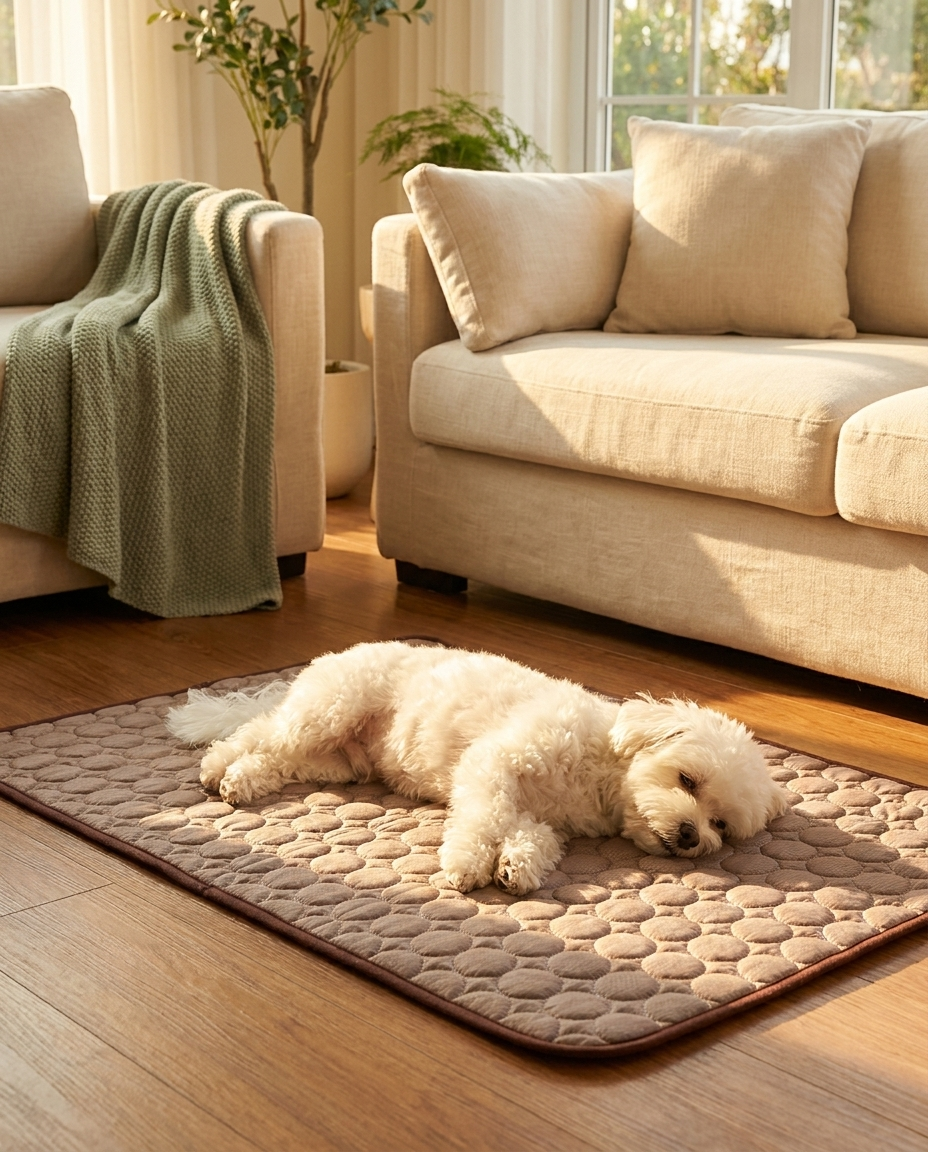 Dog resting on the Hush Paws CoolDown Mat