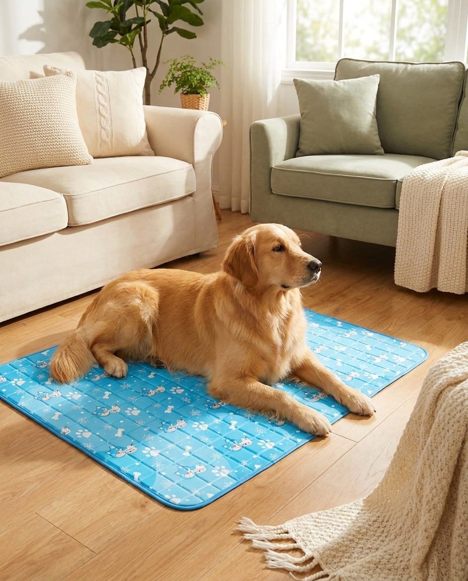 Golden retriever on the Hush Paws CoolDown Pro gel mat